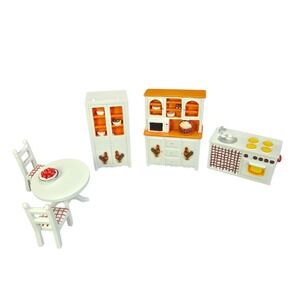 Dollhouse Kitchen Furniture Set 6 pc White Orange Rooster Farmhouse Style Mini